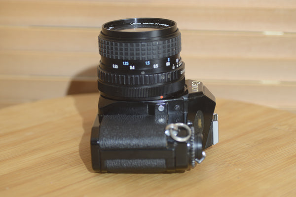 Rare Black Canon AV1 35mm SLR Camera With 28mm f2.8 Lens. Fantastic condition Starter Camera