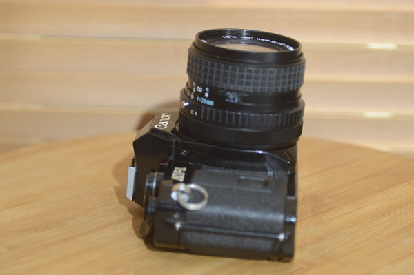 Rare Black Canon AV1 35mm SLR Camera With 28mm f2.8 Lens. Fantastic condition Starter Camera