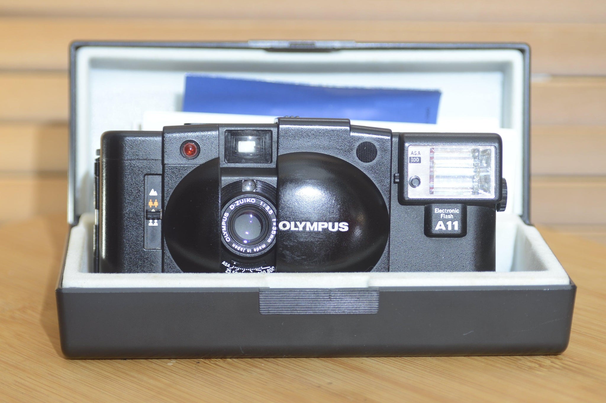 Vintage Olympus XA2 compact camera with A11 Flash and original case. - Rewind Cameras 