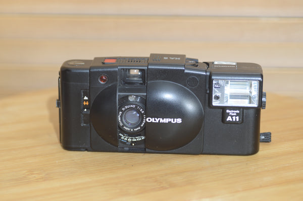 Vintage Olympus XA2 compact camera with A11 Flash, Instruction Manual and Case.