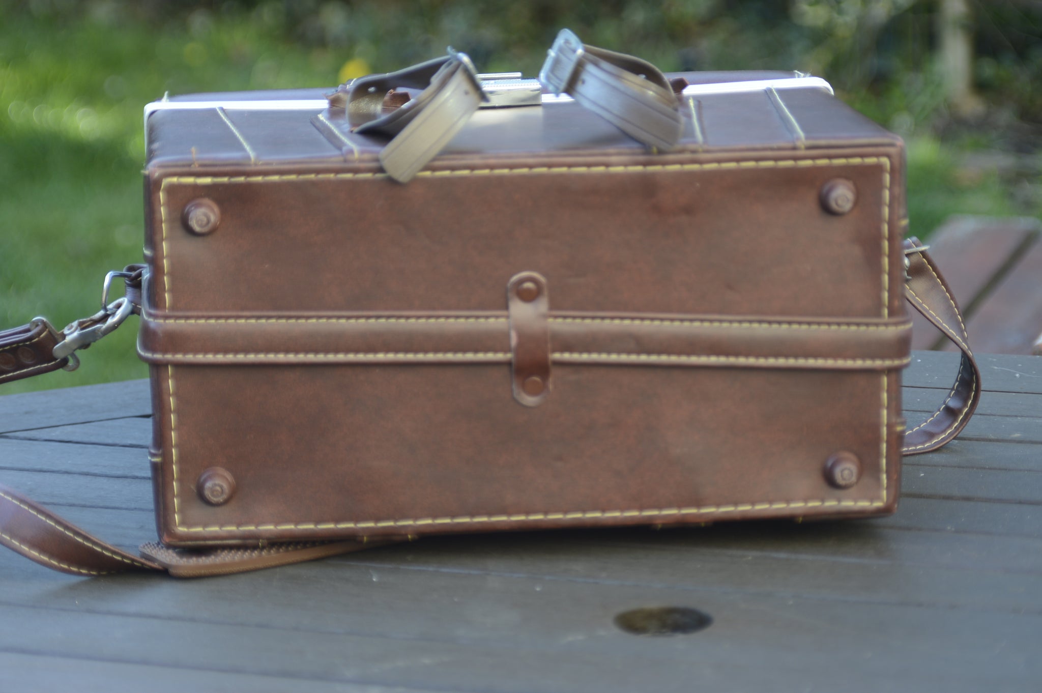 Vintage camera case, tooled leather, valise, popular acorns, large bag, free shipping from Diz Has Neat Stuff