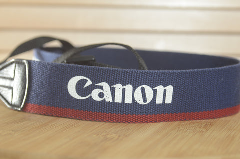 Blue and Red Canon EOS Vintage strap. A lovely addition to your Canon set up. - RewindCameras quality vintage cameras, fully tested and serviced